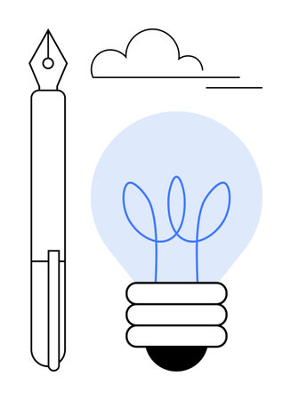 Fountain pen beside a light bulb with plant sprouts inside, symbolizing creativity, growth, and ideas. Ideal for innovation, writing, sustainability, education, brainstorming green technologyのイラスト素材