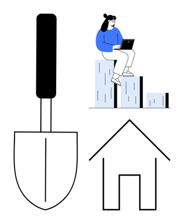 Woman seated on bar chart using a laptop, next to a shovel and house outline. Ideal for growth, development, analysis, real estate, construction, investment, entrepreneurship simple flat metaphorのイラスト素材