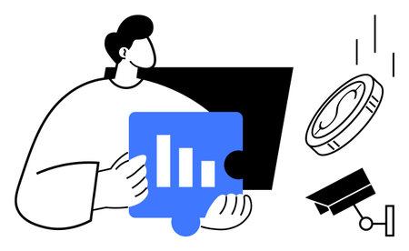 Person holds a puzzle piece with data while large coin and security camera float nearby. Ideal for data analysis, finance, security, problem-solving, decision-making, teamwork, digital monitoringのイラスト素材