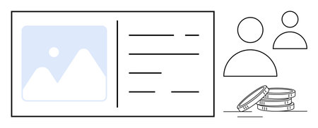User profile layout with avatar icons, text fields, image placeholder, and stack of coins. Ideal for...