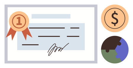 Certificate with ribbon symbolizing recognition, dollar coin for financial success, and puzzle globe for global collaboration. Ideal for education, business, achievement, finance, teamwork, economyのイラスト素材