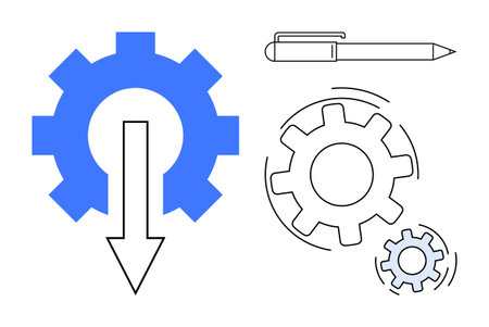 Gear mechanism with a downward arrow and pen. Ideal for workflow, optimization, engineering, innovation, productivity, planning, and efficiency. Simple flat metaphorのイラスト素材