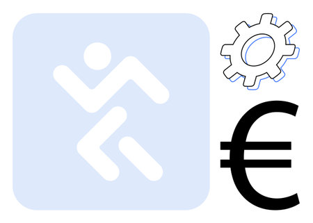 Stylized figure in motion, gear for technology and innovation, euro sign for finance. Ideal for business, economics, progress, innovation, efficiency mobility global success. Simple flat metaphorのイラスト素材