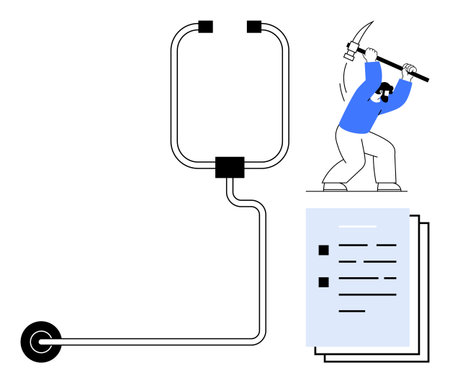 Person mining with a pickaxe linking to a data flow and documents. Ideal for content creation, data processing, innovation, research, problem-solving, work dynamics, and creativity. A simple flatのイラスト素材