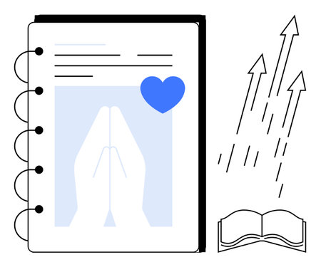 Notebook page with hands in prayer, a blue heart symbol, arrows pointing upwards, and an open book. Ideal for inspiration, spirituality, faith, motivation, journaling self-reflection minimalのイラスト素材