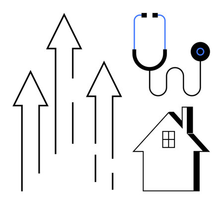 Arrows symbolizing growth, stethoscope for health, and a house for home care. Ideal for healthcare, growth, innovation, home wellness, medical progress, sustainability simple flat metaphorのイラスト素材