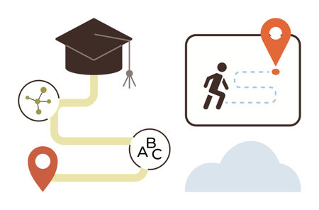Learning path with graduation cap, waypoints, goal marker, and cloud representing progress. Ideal for education, achievement, growth, learning goals, strategy career planning motivation simpleのイラスト素材