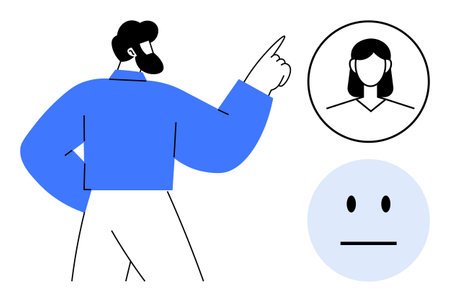 A man points at two icons a woman s profile in a circle and a neutral emoticon, symbolizing choices, communication, or feedback. Ideal for decision-making, opinion, user experience, communicationのイラスト素材