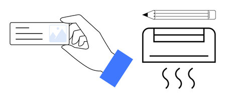 Hand holding ID card beside pencil and heating device emitting warm waves. Ideal for workspace, technology, identification, organization, comfort, authentication, efficiency. Minimalist flat metaphorのイラスト素材