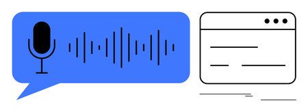 Microphone icon, soundwave in speech bubble next to website interface. Ideal for voice control, AI assistant, smart technology, speech recognition, accessibility, user interface, communicationのイラスト素材