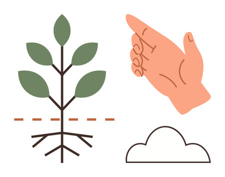 Plant with roots beneath soil, guiding hand gesture, and cloud. Ideal for sustainability, ecology, growth, farming, nurturing education and nature conservation themes. Simple flat metaphorのイラスト素材