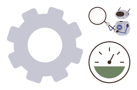 Robot with magnifying glass inspects a gear and speedometer, symbolizing analysis, efficiency,...