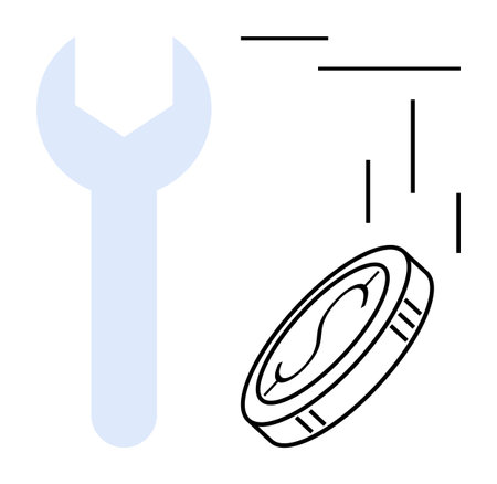 Wrench beside a falling coin, symbolizing financial investment, maintenance, and choices. Ideal for finance, repair, economy, decision-making savings tools and guidance themes. Simple flatのイラスト素材