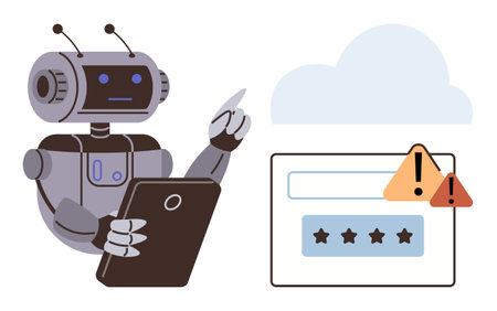 Robot holds tablet, pointing toward password field with warning signs and cloud interface. Ideal for...