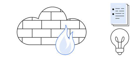 Cloud-shaped firewall made of bricks with fire symbol. Visible elements include lightbulb and documents. Ideal for cybersecurity, cloud storage, firewall protection, innovation, documentation, ITのイラスト素材