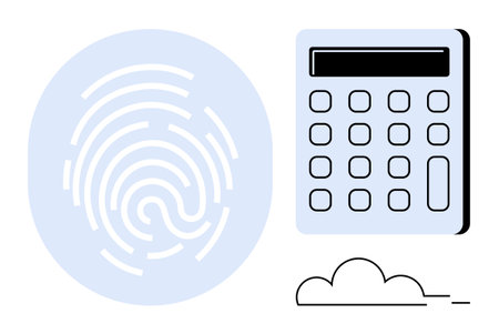 Minimalist fingerprint pattern, calculator, and cloud accent emphasizing identity verification, data protection, and safe computation. Ideal for digital security, fintech, authentication, privacyのイラスト素材