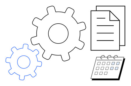 Gear mechanisms, stacked documents, and a calendar suggest system processes, workflow optimization, task organization. Ideal for productivity, planning, work balance, operations business strategyのイラスト素材