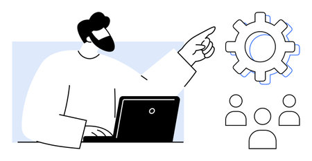 Person with laptop pointing at large gear surrounded by group of team members. Ideal for teamwork, leadership, project management, process optimization, collaboration, planning, training, simple flatのイラスト素材