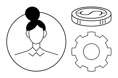 Female avatar icon in a circle, gear signifying settings or process, and coin symbolizing finance or economy. Ideal for business, teamwork, career, productivity, technology, solutions simple flatのイラスト素材