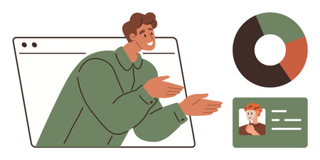 Person presenting through browser window, pie chart, and profile card. Ideal for remote communication, online collaboration, marketing, data analysis, education, networking team management simpleのイラスト素材