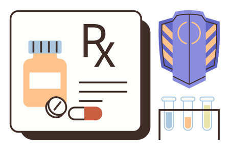 Medicine bottle, pills, prescription note, lab tubes, and shield representing healthcare, medicine, safety, laboratory research, prescription drugs health protection and medical innovation asのイラスト素材