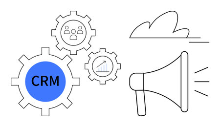 Gears with CRM, audience, analytics, megaphone, and cloud represent connectivity, customer management, and outreach. Ideal for marketing, CRM tools strategy analytics teamwork communicationのイラスト素材