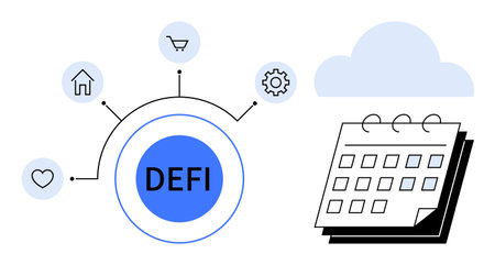 DEFI hub displaying heart, home, shopping cart, gear icons for finance activities, linked beside a calendar and cloud. Ideal for finance, innovation, technology, time management blockchain economyのイラスト素材