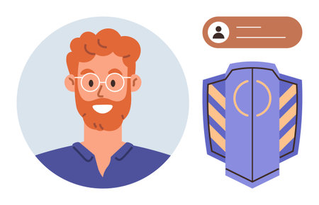 Portrait of a man with glasses, user interface card, and security shield. Ideal for cybersecurity, user profile, protection, privacy, networking authentication and identity. Simple flat metaphorのイラスト素材