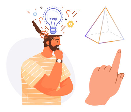 Man in thoughtful pose with light bulb symbolizing creativity, gears and lines for innovation. Hand pointing at 3D pyramid for abstract thinking. Ideal for creativity, brainstorming, insightのイラスト素材