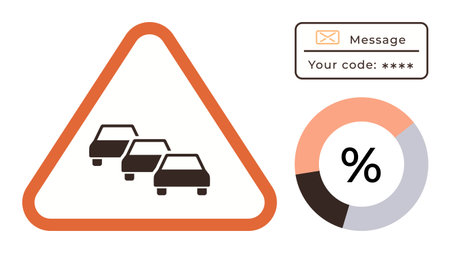 Traffic congestion sign with orange border, message box with code notification, and circular percentage chart. Ideal for safety, communication, alerts, analytics, statistics, technology educationのイラスト素材