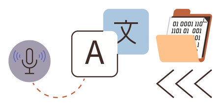 Microphone, letters, language symbols, and binary code in a folder representing translation, transcription, coding, and communication processes. Ideal for tech, AI linguistics globalizationのイラスト素材