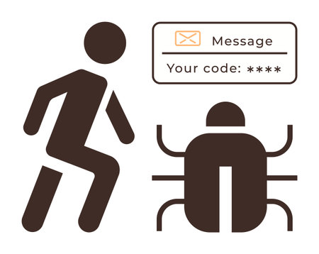 Person fleeing from a malware bug with a secure code message. Ideal for cybersecurity, alert systems, hacking prevention, technology risks, data protection, emergency response, simple flat metaphorのイラスト素材