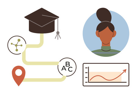 Graduation cap, learning route, and performance chart with an individuals profile highlight academic journey. Ideal for education, career planning, skills growth, mentorship, goals, achievementのイラスト素材