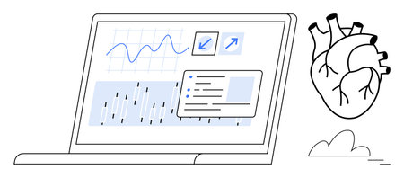 Laptop screen displaying health metrics, graphs, and report next to detailed heart diagram. Ideal...