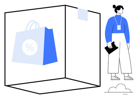 Woman holding clipboard standing next to a transparent cube with a discount shopping bag inside. Ideal for retail, marketing, e-commerce, sales, consumer behavior, promotion, simple flat metaphorのイラスト素材