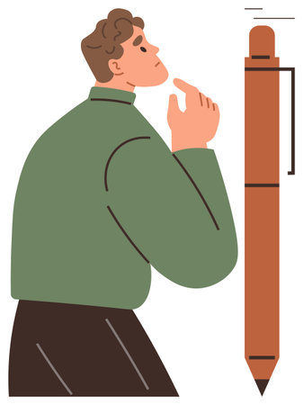 Man in green shirt thinking beside an oversized pen, symbolizing creativity and introspection. Ideal for creativity, decision-making, brainstorming, education, writing, goal-setting, simple landingのイラスト素材