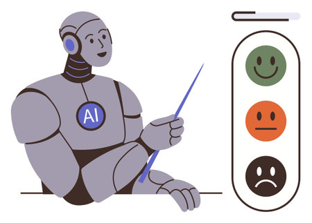 Robot labeled AI interacting with a feedback rating scale featuring three faces happy, neutral, sad. Ideal for AI, feedback, automation, technology, data analysis decision-making innovation. Simpleのイラスト素材
