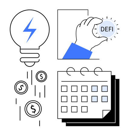 Light bulb with energy bolt, coins flowing downward, hand holding DeFi token, and calendar. Ideal for fintech, decentralized finance, innovation, energy planning blockchain and efficiency. Simpleのイラスト素材