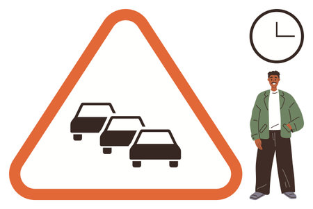 Road congestion warning sign displaying three cars in triangular frame, man waiting nearby, clock showing time. Ideal for traffic awareness, delays, waiting habits, time management, road safetyのイラスト素材