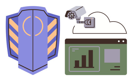 Security shield with orange stripes, cloud storage, surveillance camera, and analytics dashboard. Ideal for privacy, data protection, cybersecurity, surveillance, analytics technology onlineのイラスト素材