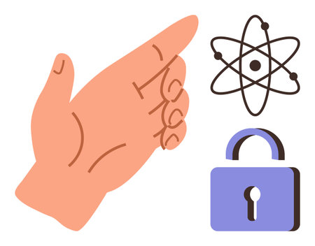 Hand gesture beside atomic structure and padlock symbolizing science, security, connection, access, innovation, privacy, control. Ideal for education, technology safety and simple flat metaphorのイラスト素材