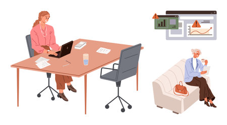 Woman working on laptop at desk with documents, glass, and error notifications. Background shows elderly woman holding baby on couch. Ideal for work-life balance, productivity, family dynamicsのイラスト素材