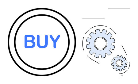 Circular Buy button with interconnected cogs illustrating teamwork, efficiency, and system automation. Ideal for online shopping, business operations, digital marketing, technology, workflowのイラスト素材