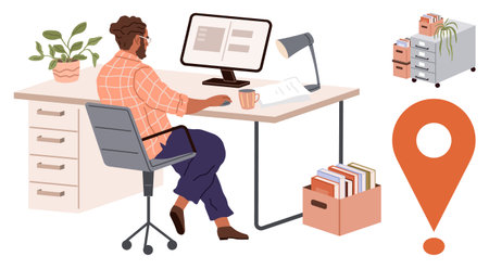 Man seated at desk with computer, office supplies, file cabinet, books, and a location marker. Ideal for productivity, remote work, organization, creative work home office focus simple flatのイラスト素材