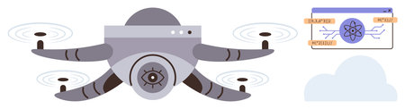 Flying drone with camera lens, spinning propellers, and tech diagram showcasing connectivity and innovation concepts. Ideal for technology, research, AI, surveillance, robotics, engineering simpleのイラスト素材