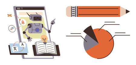 Robot teaching assistant on tablet screen, open book, pie chart, translated texts, pencil. Ideal for e-learning, technology in education, data analytics, creativity language learning researchのイラスト素材