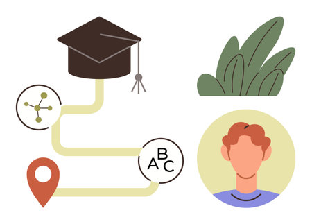 Graduation cap, educational pathway, map pin, molecular structure, leafy accents, and student avatar. Ideal for education, career progress, e-learning knowledge guidance personal growth academicのイラスト素材