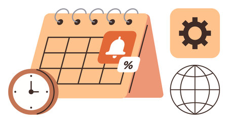 Calendar with date boxes, clock for time, bell for notifications, gear for settings, and globe for global access. Ideal for planning, event scheduling, task management, organization productivityのイラスト素材