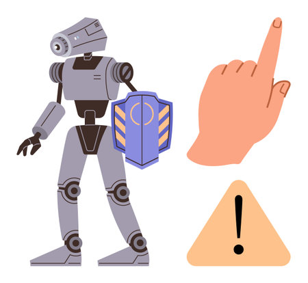 Advanced robot holding shield alongside caution sign and finger gesture encouraging vigilance. Ideal for technology, security, military defense, AI ethics, risk alert, innovation, cautionのイラスト素材