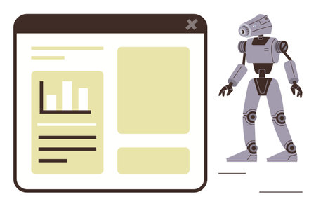 Robot standing beside a minimalistic interface screen with data graphs and text layout. Ideal for technology, artificial intelligence, automation, machine learning, future innovation, robotics, dataのイラスト素材